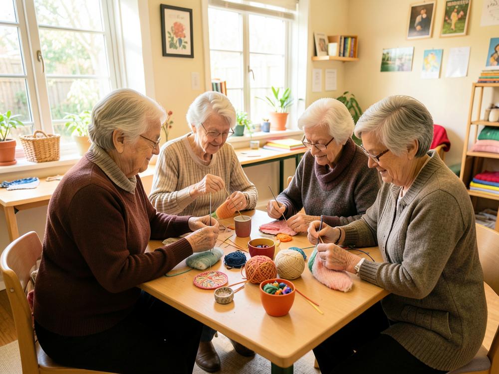 Members knitting and doing crafts at a table